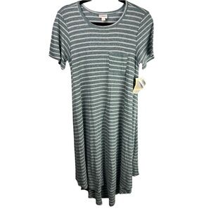 LuLaRoe Carly Dress XXS Blue Gray Striped Rib Knit Short Sleeve Pocket Casual